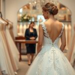 Esküvői ruha varratás folyamata, szalonban próbálkozó nő.