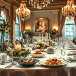 Elegáns esküvői vacsora terítővel díszített asztalon