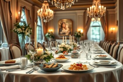 Elegáns esküvői vacsora terítővel díszített asztalon