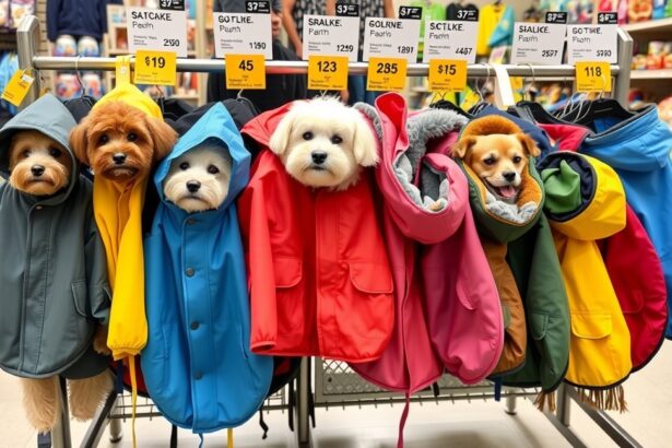 Kutyák különböző esőkabátokban egy boltban.