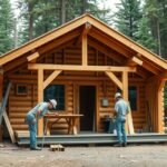 Faház építése zöld környezetben két munkással.