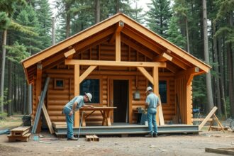 Faház építése zöld környezetben két munkással.