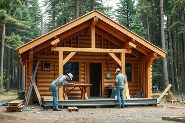 Faház építése zöld környezetben két munkással.