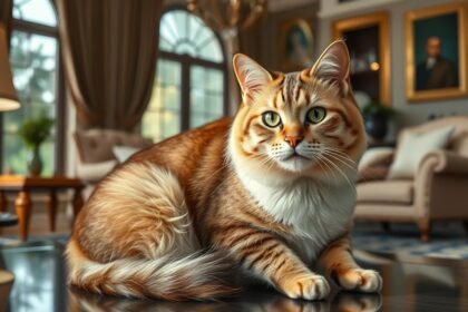 Fajtatiszta macska egy elegáns otthonban, pihen az asztalon