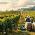 Szőlőültetvény és borász a fehérbor előállítás folyamatában.