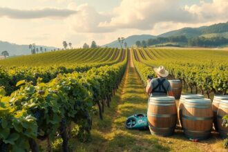 Szőlőültetvény és borász a fehérbor előállítás folyamatában.