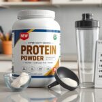 Fehérjepor, adagolókanál, shaker és naptár a konyhában.