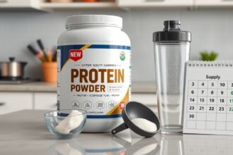 Fehérjepor, adagolókanál, shaker és naptár a konyhában.