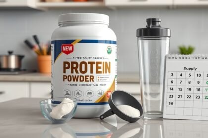 Fehérjepor, adagolókanál, shaker és naptár a konyhában.