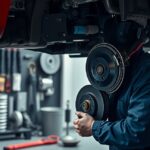 Fékbetét csere autószerelés közben egy műhelyben.