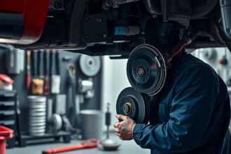 Fékbetét csere autószerelés közben egy műhelyben.