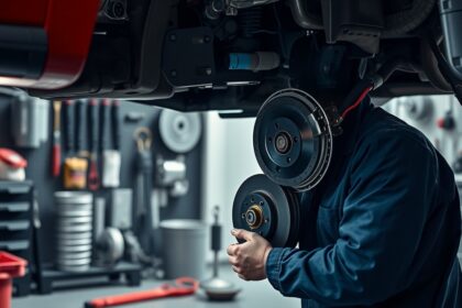 Fékbetét csere autószerelés közben egy műhelyben.