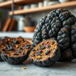 Fekete szarvasgomba, friss és felvágott darabok az asztalon