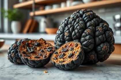 Fekete szarvasgomba, friss és felvágott darabok az asztalon