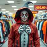 Felnőtt halloweeni jelmez, vázlatos arccal és csuklyával, boltban
