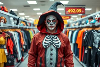 Felnőtt halloweeni jelmez, vázlatos arccal és csuklyával, boltban