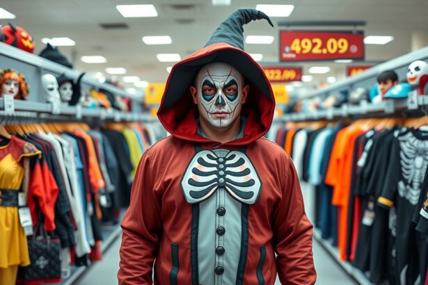 Felnőtt halloweeni jelmez, vázlatos arccal és csuklyával, boltban