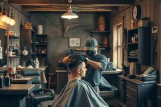 Férfi hajvágás egy vidéki borbélyüzletben 2025-ben.