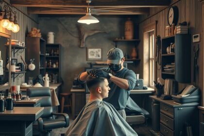 Férfi hajvágás egy vidéki borbélyüzletben 2025-ben.