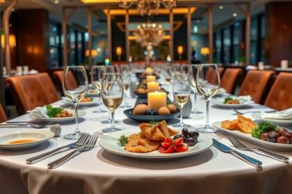 Elegáns fine dining vacsora gyönyörű terítéssel egy étteremben.