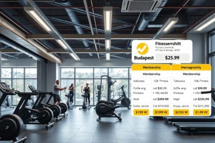 Modern fitness center in Budapest showcasing membership options and equipment.