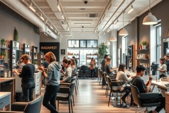 Modern fodrászszalon Budapesten, különböző frizurák készítése.