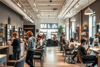 Modern fodrászszalon Budapesten, különböző frizurák készítése.