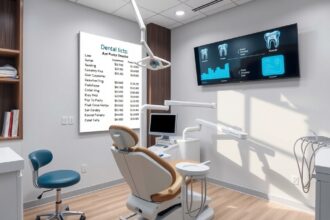 Modern fogorvosi rendelő belső tér, árlistával.