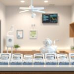 Fogszabályzók különböző típusaival rendelkező bemutatóasztal egy fogorvosi rendelőben.