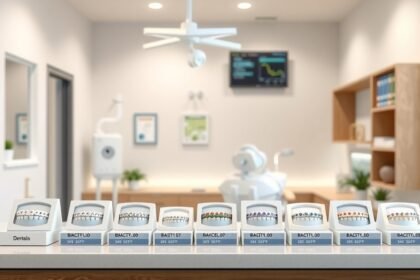 Fogszabályzók különböző típusaival rendelkező bemutatóasztal egy fogorvosi rendelőben.