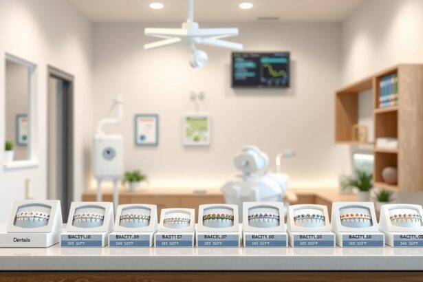 Fogszabályzók különböző típusaival rendelkező bemutatóasztal egy fogorvosi rendelőben.