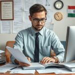 Fordító angolról magyarra, munkaasztalnál dokumentumokkal.