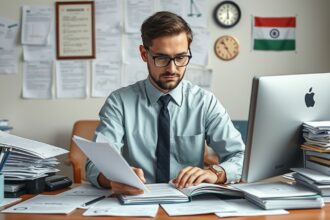 Fordító angolról magyarra, munkaasztalnál dokumentumokkal.