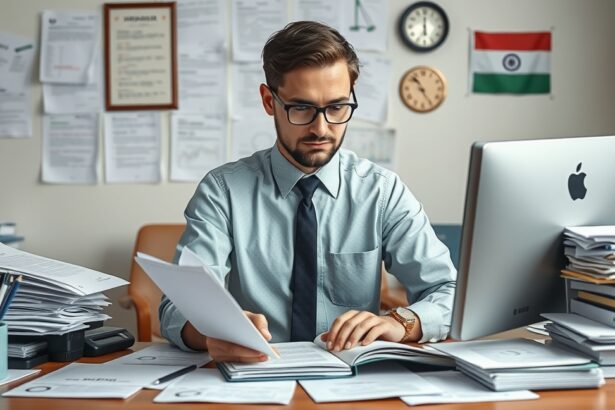 Fordító angolról magyarra, munkaasztalnál dokumentumokkal.