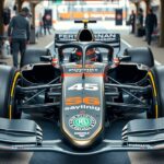 Modern Forma-1-es autó a versenypályán, részletes technológiai elemekkel