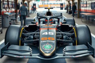 Modern Forma-1-es autó a versenypályán, részletes technológiai elemekkel