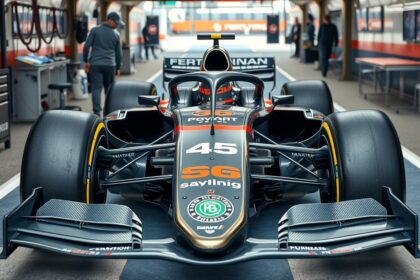 Modern Forma-1-es autó a versenypályán, részletes technológiai elemekkel