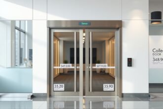 Fotocellás ajtó modern irodában, árakkal és adatokkal