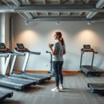 Nő edz egy futópad előtt otthoni edzőteremben.