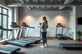 Nő edz egy futópad előtt otthoni edzőteremben.