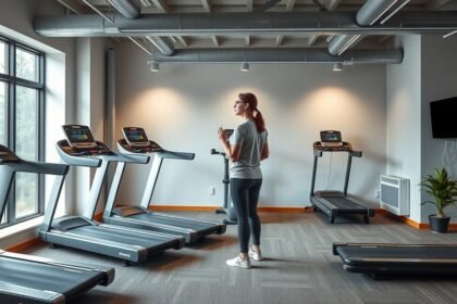 Nő edz egy futópad előtt otthoni edzőteremben.