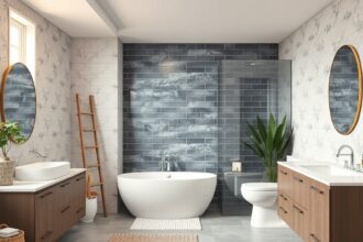 Modern fürdőszoba dizájn újépítésű otthonban