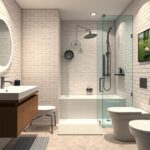 Modern fürdőszoba kialakítás üveg zuhanyzóval és elegáns mosdóval