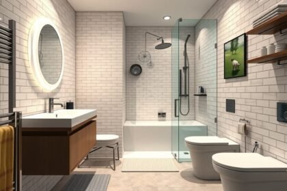 Modern fürdőszoba kialakítás üveg zuhanyzóval és elegáns mosdóval