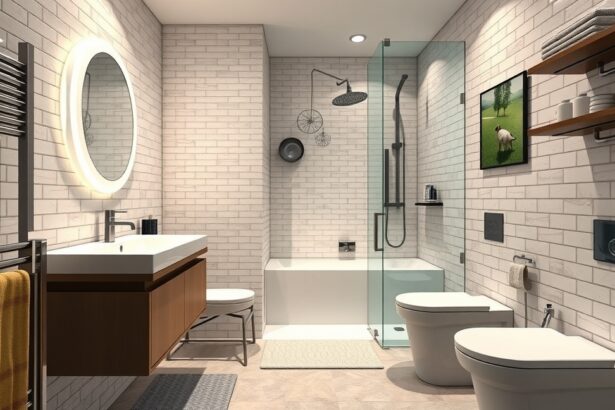 Modern fürdőszoba kialakítás üveg zuhanyzóval és elegáns mosdóval