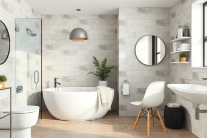 Modern fürdőszoba felújítás stílusos designnal és funkcionális berendezésekkel.