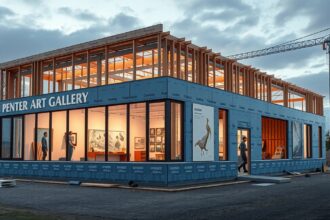 Egy galéria építése folyamatban, részben elkészült épület