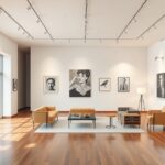 Modern galéria belsőépítészeti kialakítása, művészeti alkotásokkal.