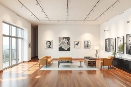 Modern galéria belsőépítészeti kialakítása, művészeti alkotásokkal.