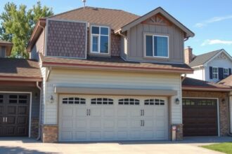 Különböző stílusú garázskapuk egy háznál.